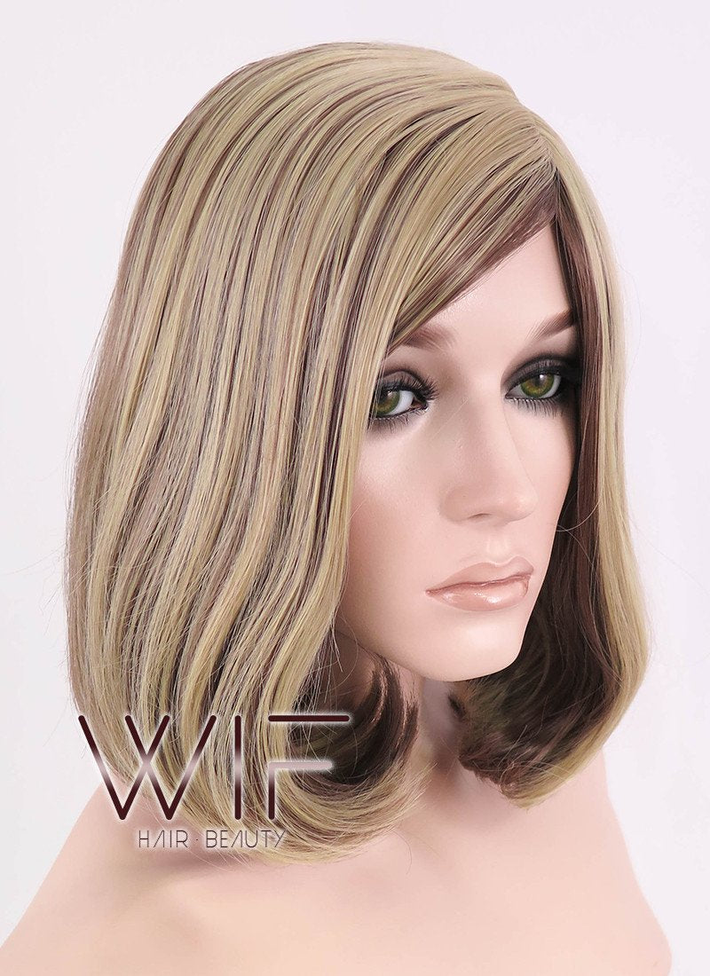 14" Medium Wavy Brown Mixed Blonde Fashion Synthetic Hair Wig WIG152