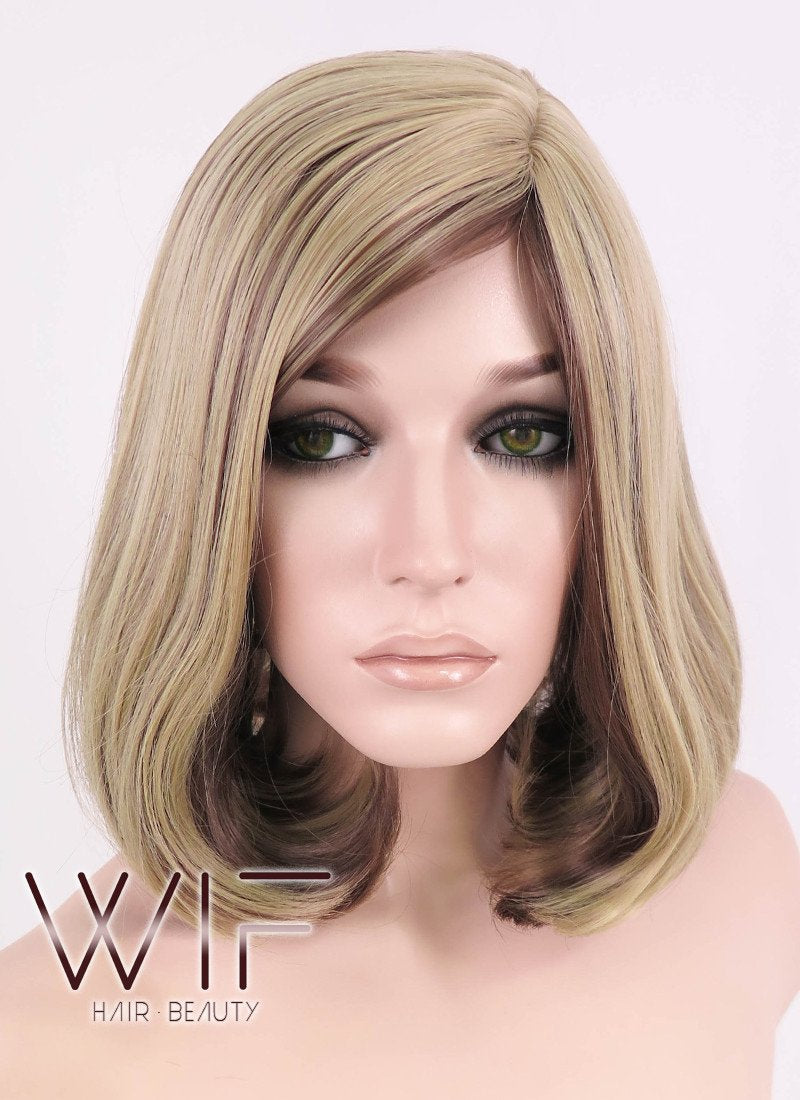 14" Medium Wavy Brown Mixed Blonde Fashion Synthetic Hair Wig WIG152