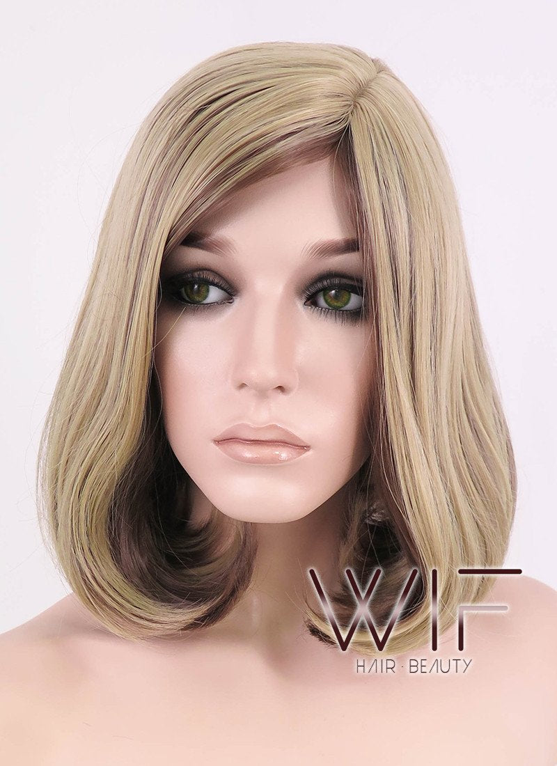 14" Medium Wavy Brown Mixed Blonde Fashion Synthetic Hair Wig WIG152