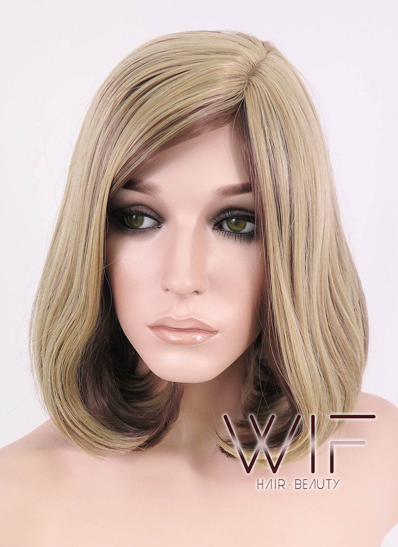14" Medium Wavy Brown Mixed Blonde Fashion Synthetic Hair Wig WIG152