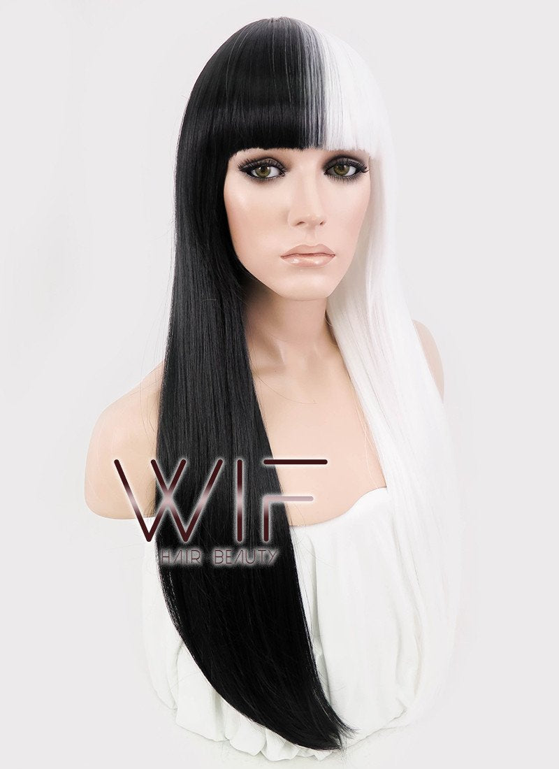 24" Long Straight Black Mixed White Fashion Synthetic Hair Wig WIG159