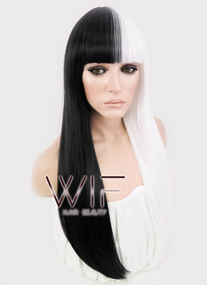 24" Long Straight Black Mixed White Fashion Synthetic Hair Wig WIG159