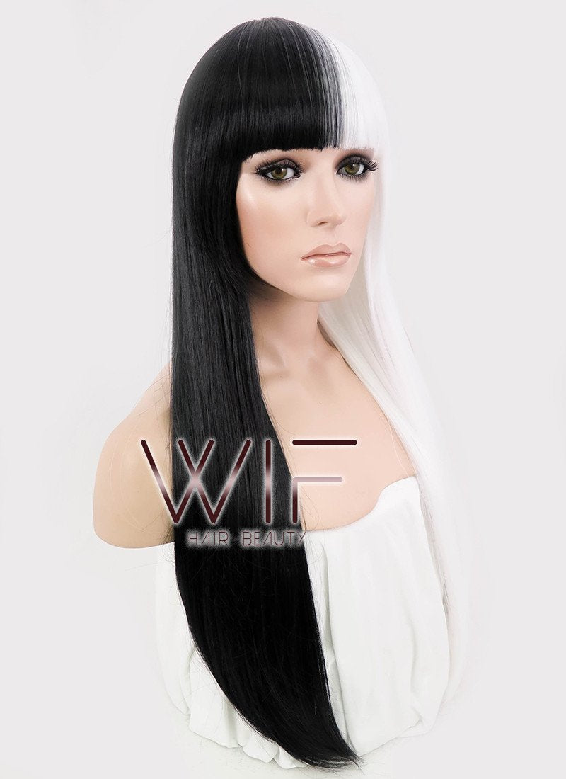24" Long Straight Black Mixed White Fashion Synthetic Hair Wig WIG159