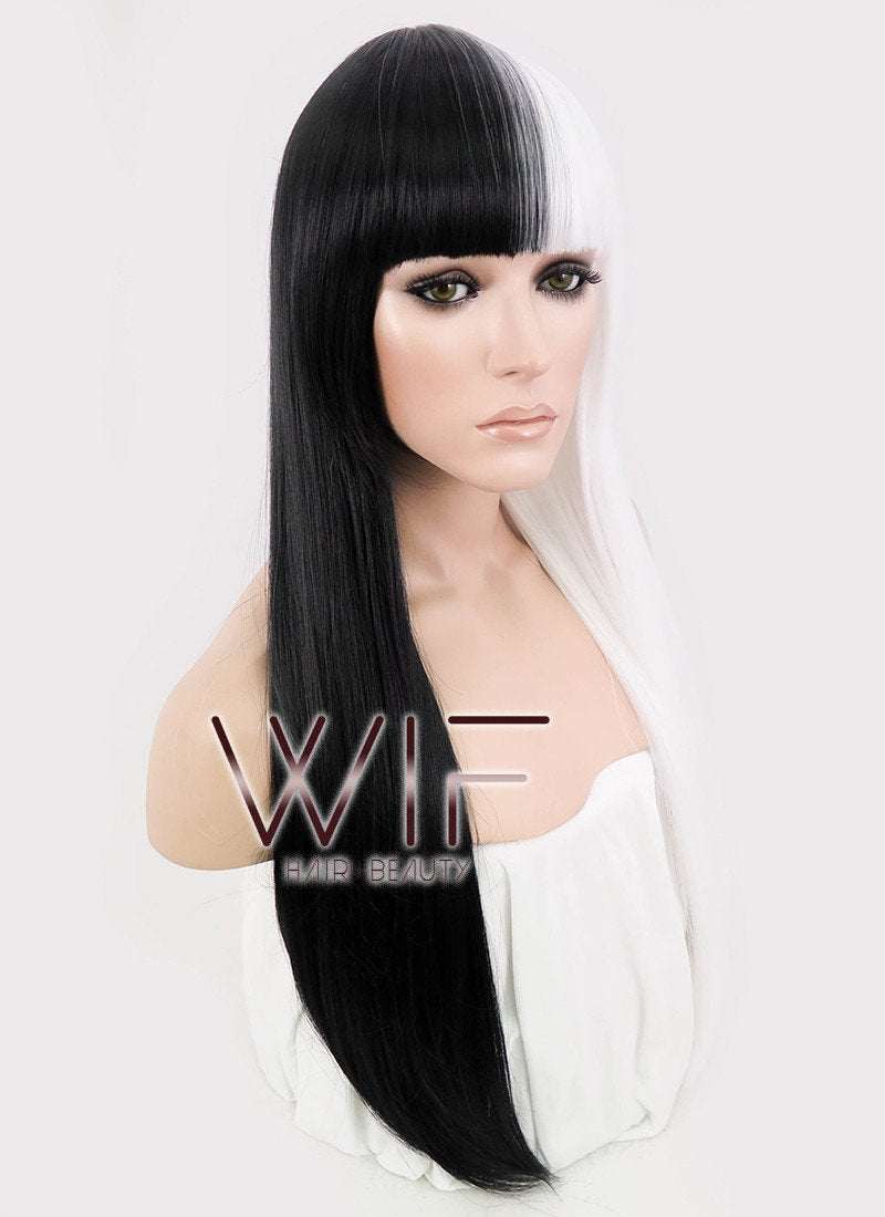 24" Long Straight Black Mixed White Fashion Synthetic Hair Wig WIG159