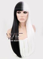 24" Long Straight Black Mixed White Fashion Synthetic Hair Wig WIG159