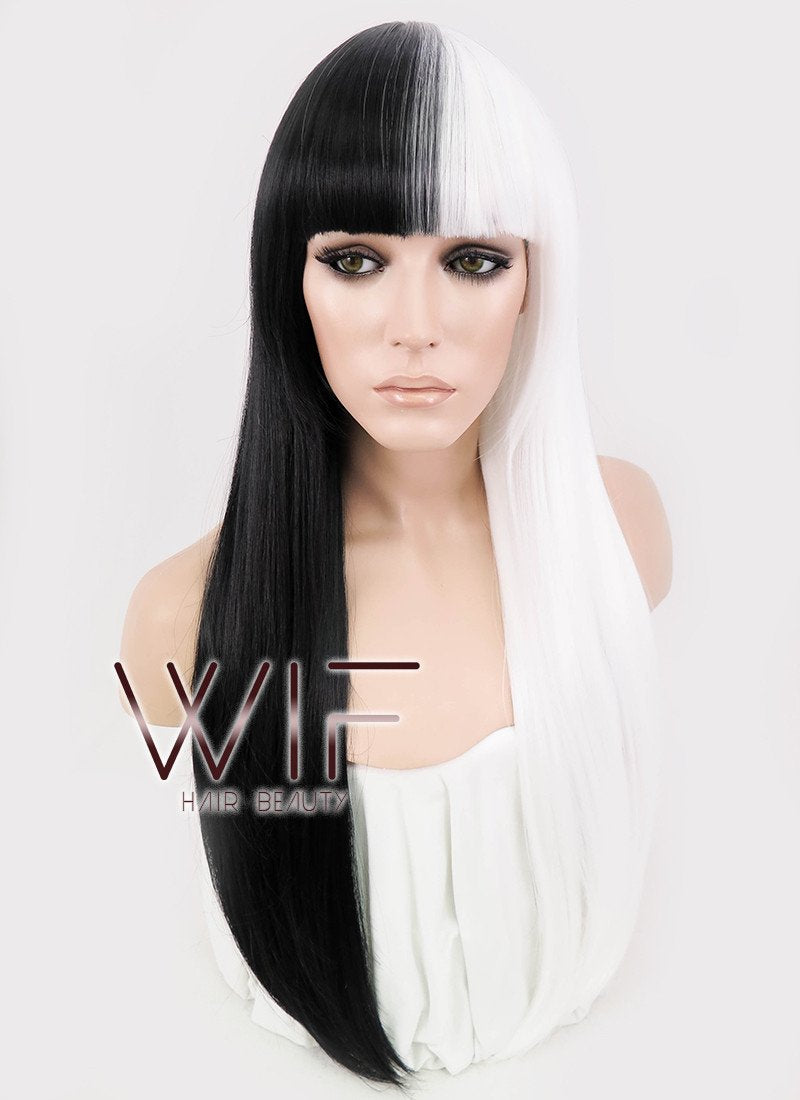 24" Long Straight Black Mixed White Fashion Synthetic Hair Wig WIG159