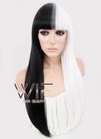 24" Long Straight Black Mixed White Fashion Synthetic Hair Wig WIG159