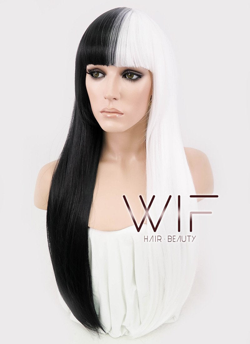 24" Long Straight Black Mixed White Fashion Synthetic Hair Wig WIG159
