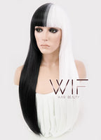 24" Long Straight Black Mixed White Fashion Synthetic Hair Wig WIG159
