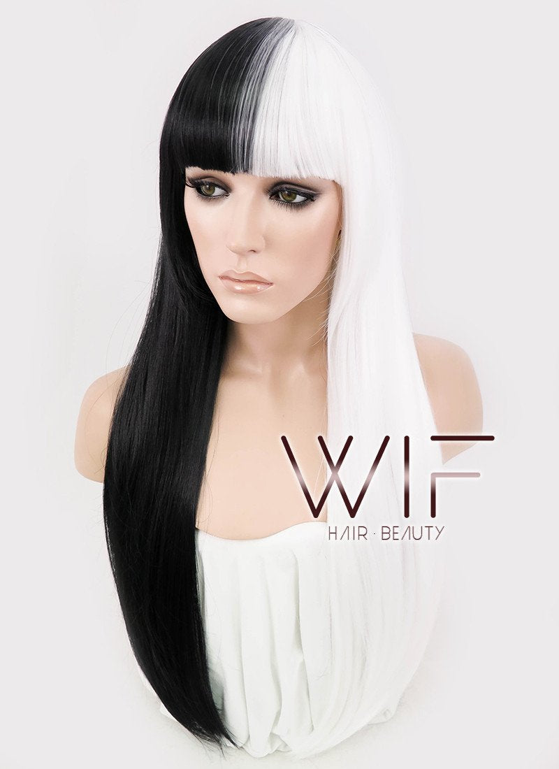 24" Long Straight Black Mixed White Fashion Synthetic Hair Wig WIG159
