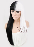 24" Long Straight Black Mixed White Fashion Synthetic Hair Wig WIG159