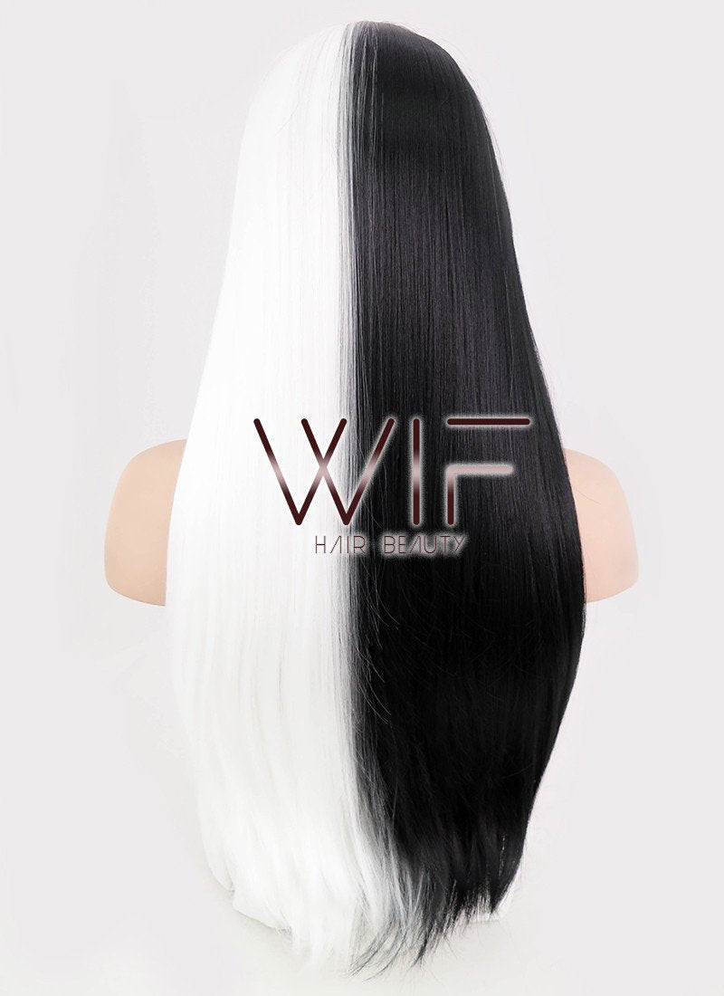 24" Long Straight Black Mixed White Fashion Synthetic Hair Wig WIG159
