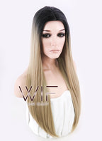 27" Long Curly Medium Ash Blonde With Dark Roots Fashion Synthetic Hair Wig WIG164