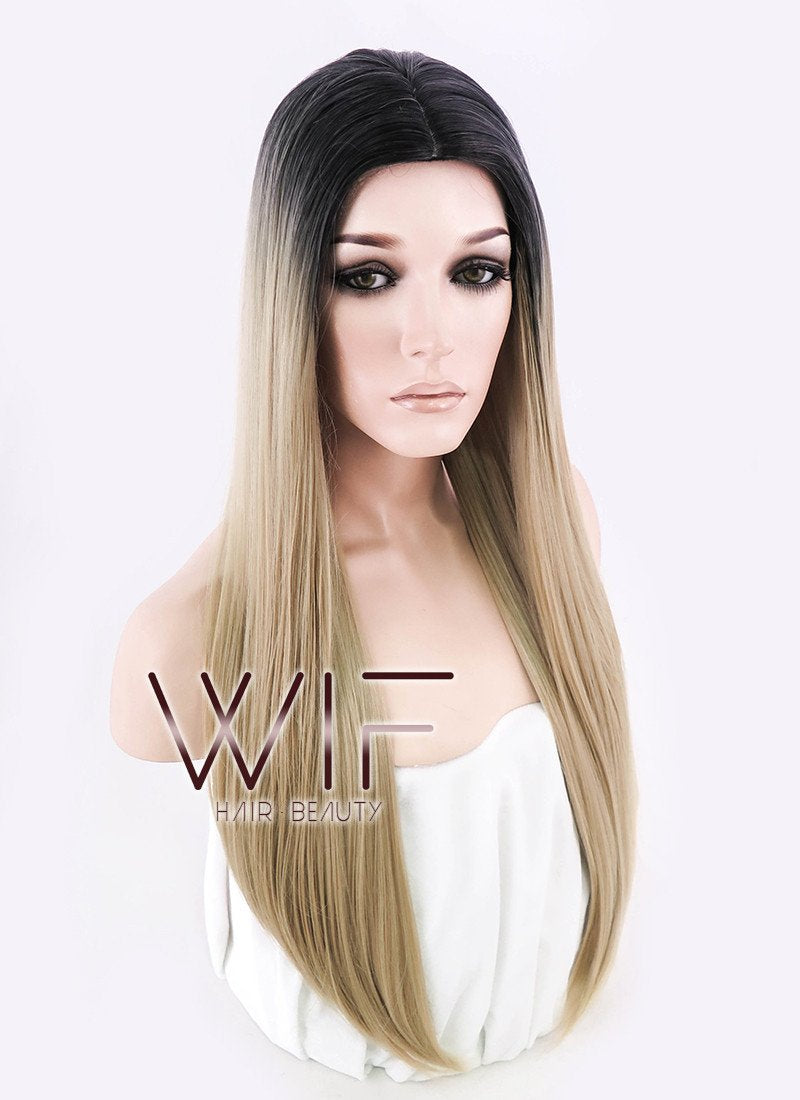 27" Long Curly Medium Ash Blonde With Dark Roots Fashion Synthetic Hair Wig WIG164
