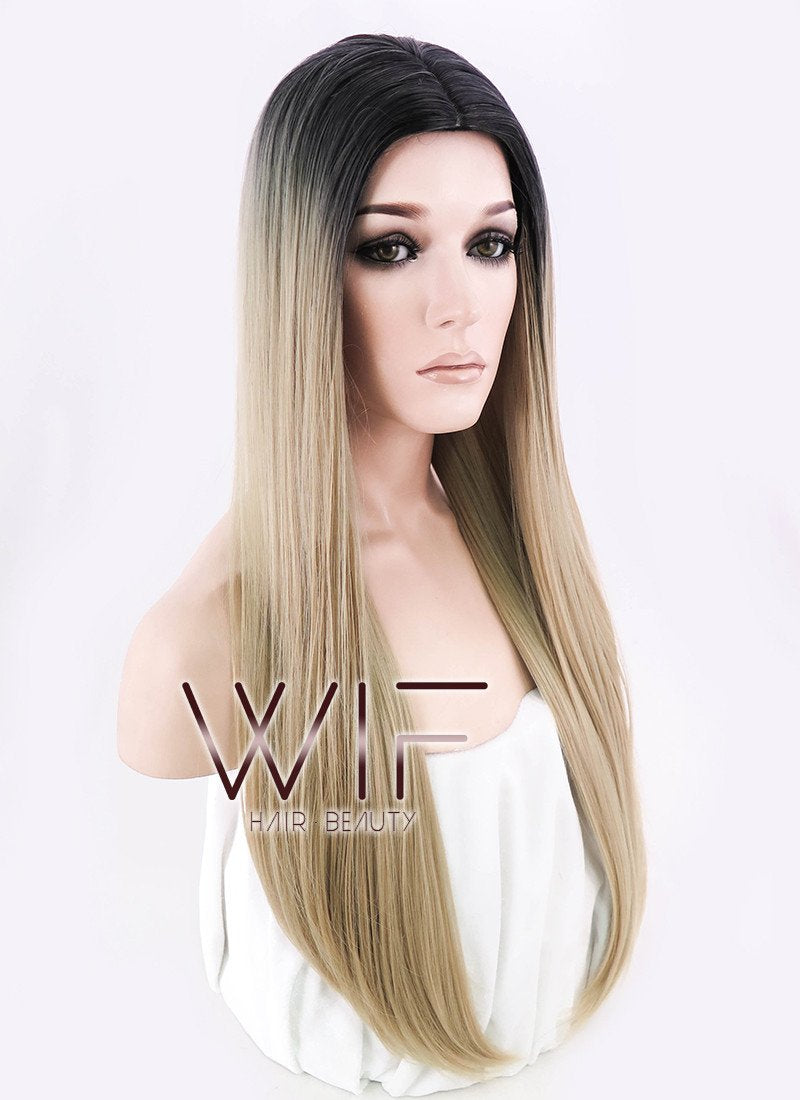 27" Long Curly Medium Ash Blonde With Dark Roots Fashion Synthetic Hair Wig WIG164