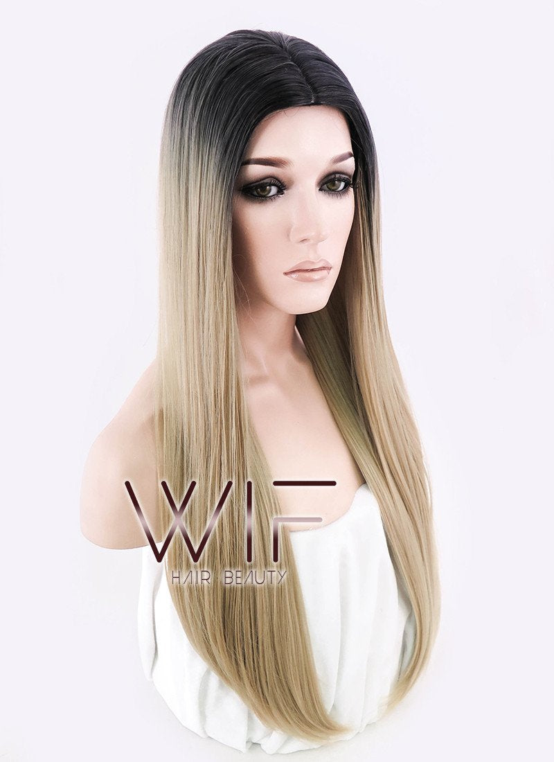 27" Long Curly Medium Ash Blonde With Dark Roots Fashion Synthetic Hair Wig WIG164