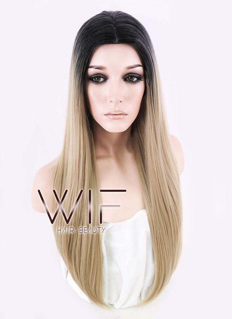 27" Long Curly Medium Ash Blonde With Dark Roots Fashion Synthetic Hair Wig WIG164