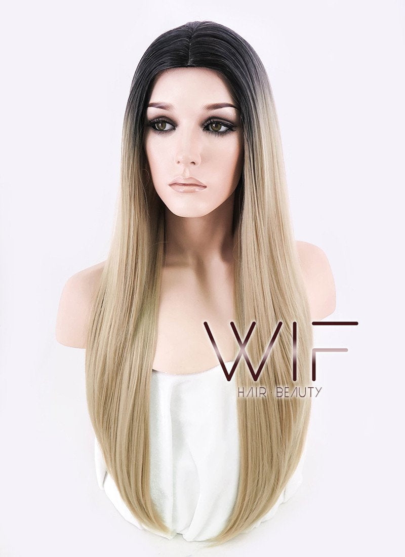 27" Long Curly Medium Ash Blonde With Dark Roots Fashion Synthetic Hair Wig WIG164