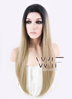 27" Long Curly Medium Ash Blonde With Dark Roots Fashion Synthetic Hair Wig WIG164