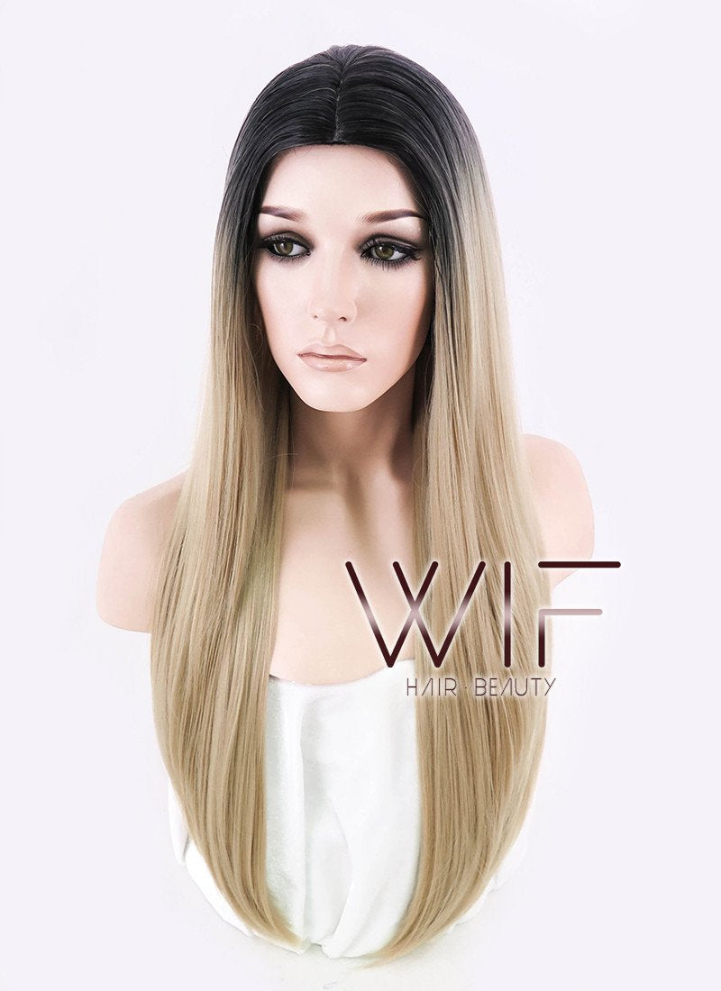 27" Long Curly Medium Ash Blonde With Dark Roots Fashion Synthetic Hair Wig WIG164