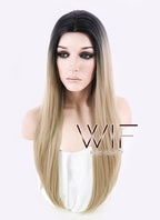 27" Long Curly Medium Ash Blonde With Dark Roots Fashion Synthetic Hair Wig WIG164