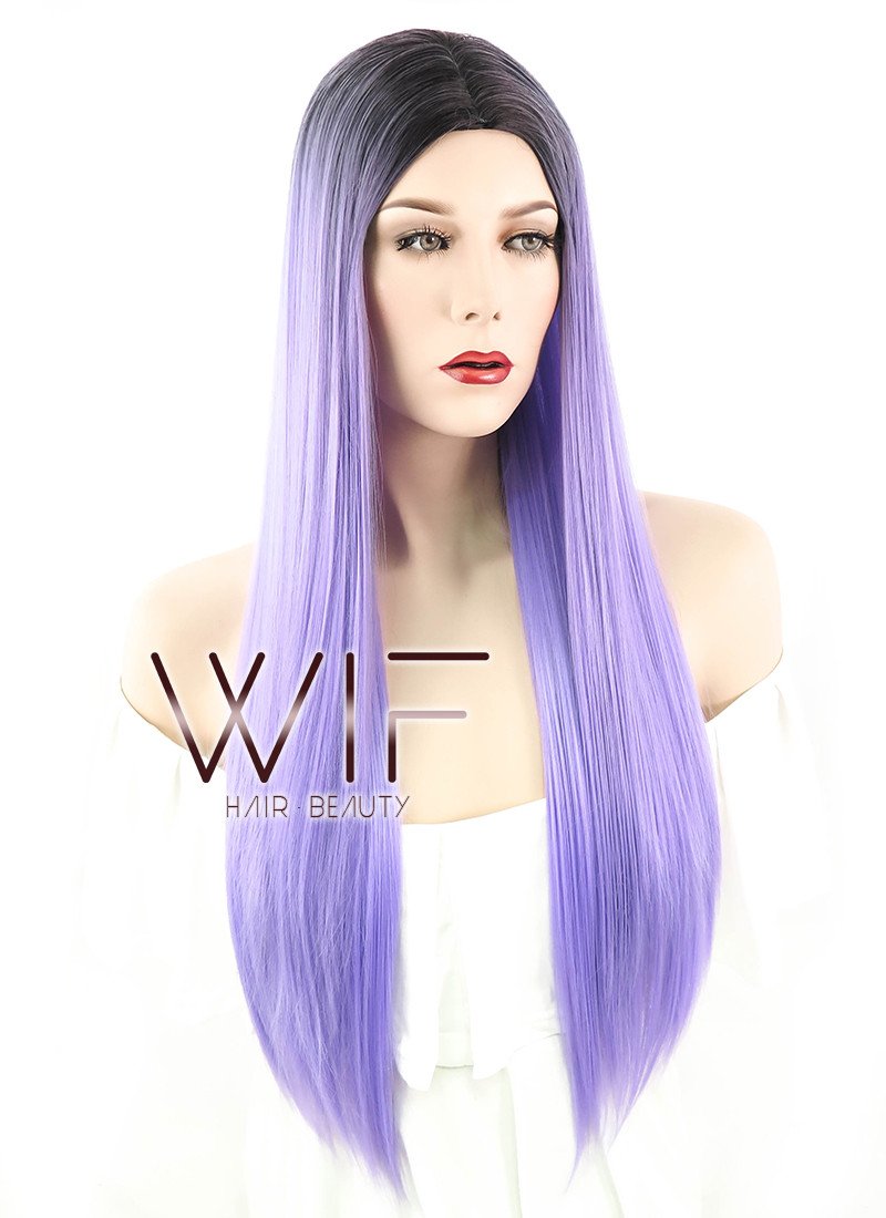 24" Long Straight Purple with Black Roots Fashion Synthetic Hair Wig WIG187