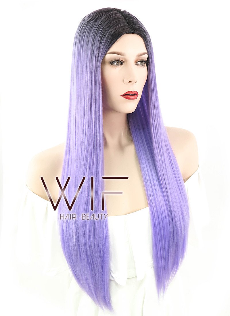 24" Long Straight Purple with Black Roots Fashion Synthetic Hair Wig WIG187