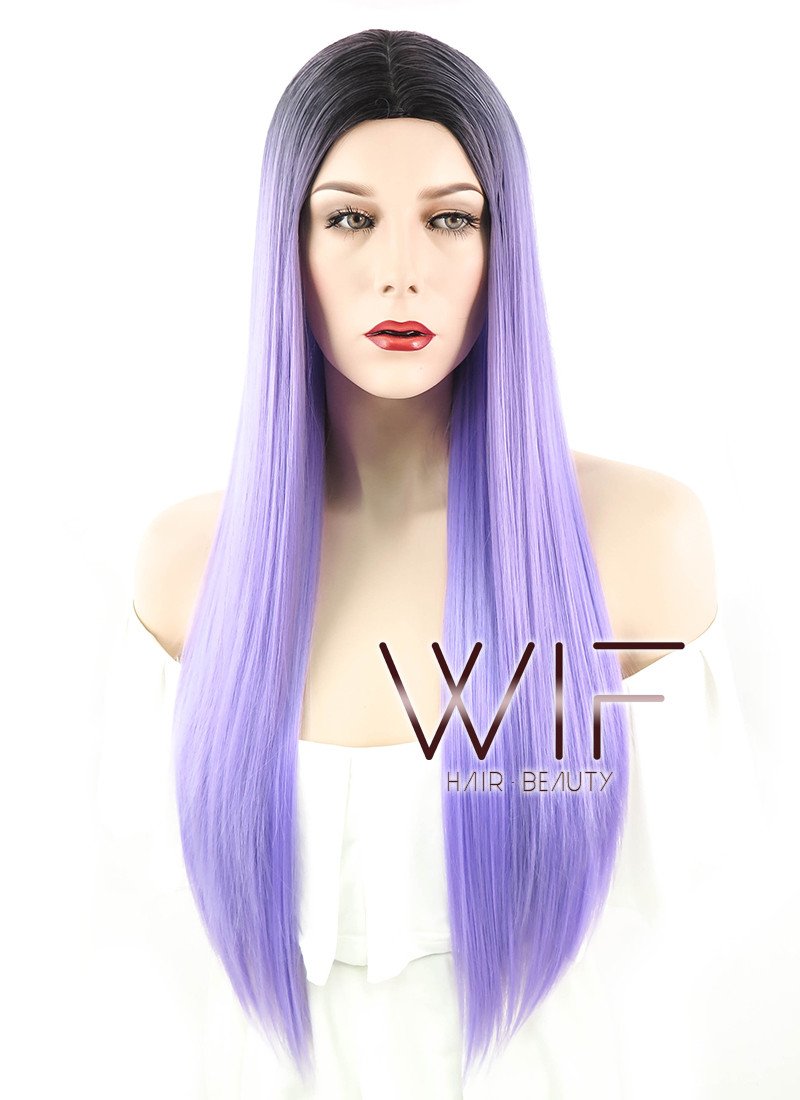 24" Long Straight Purple with Black Roots Fashion Synthetic Hair Wig WIG187