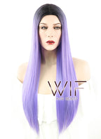 24" Long Straight Purple with Black Roots Fashion Synthetic Hair Wig WIG187