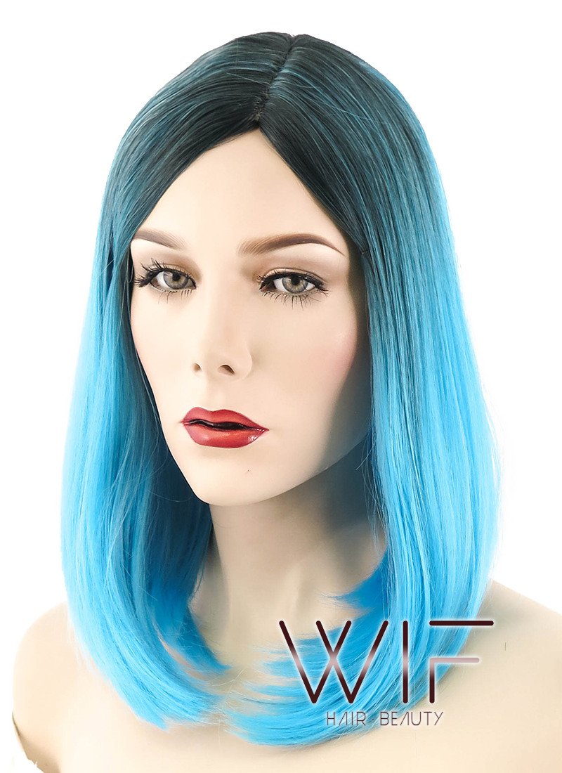12" Short Straight Blue with Dark Roots Fashion Synthetic Hair Wig WIG189