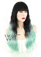 24" Long Curly Black Mixed Light Green Ombre Fashion Synthetic Hair Wig WIG190