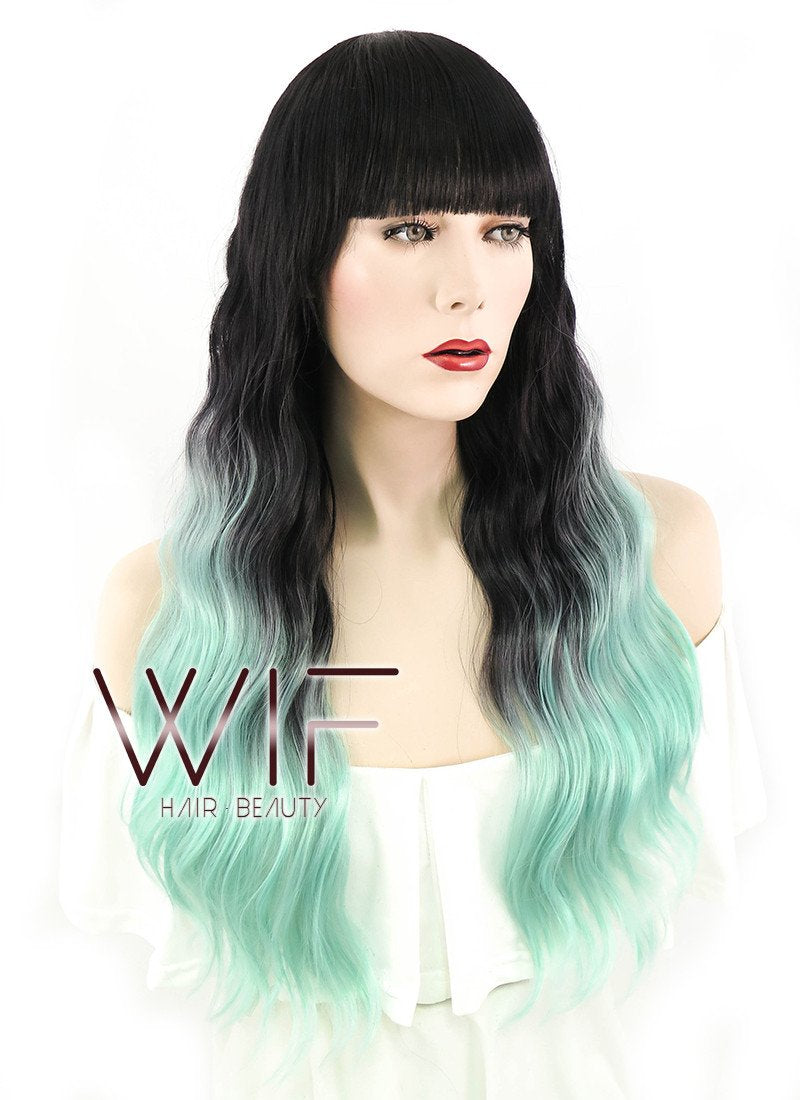 24" Long Curly Black Mixed Light Green Ombre Fashion Synthetic Hair Wig WIG190