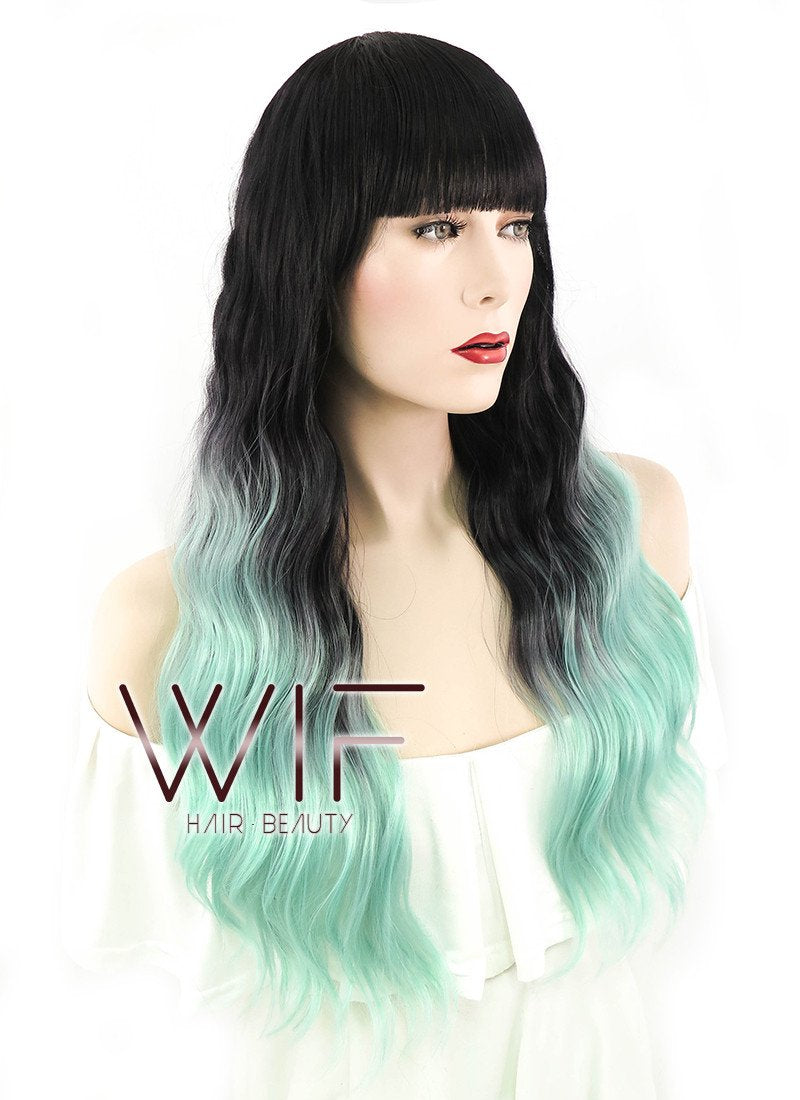 24" Long Curly Black Mixed Light Green Ombre Fashion Synthetic Hair Wig WIG190