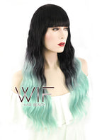 24" Long Curly Black Mixed Light Green Ombre Fashion Synthetic Hair Wig WIG190