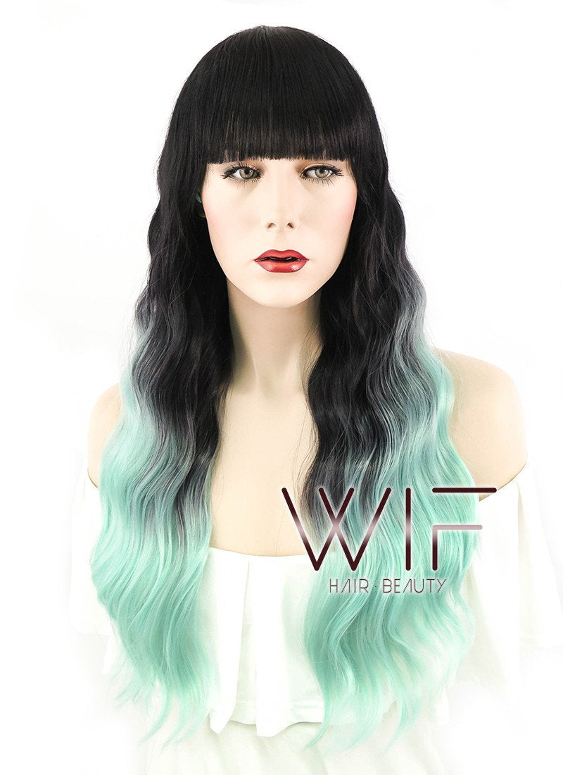 24" Long Curly Black Mixed Light Green Ombre Fashion Synthetic Hair Wig WIG190