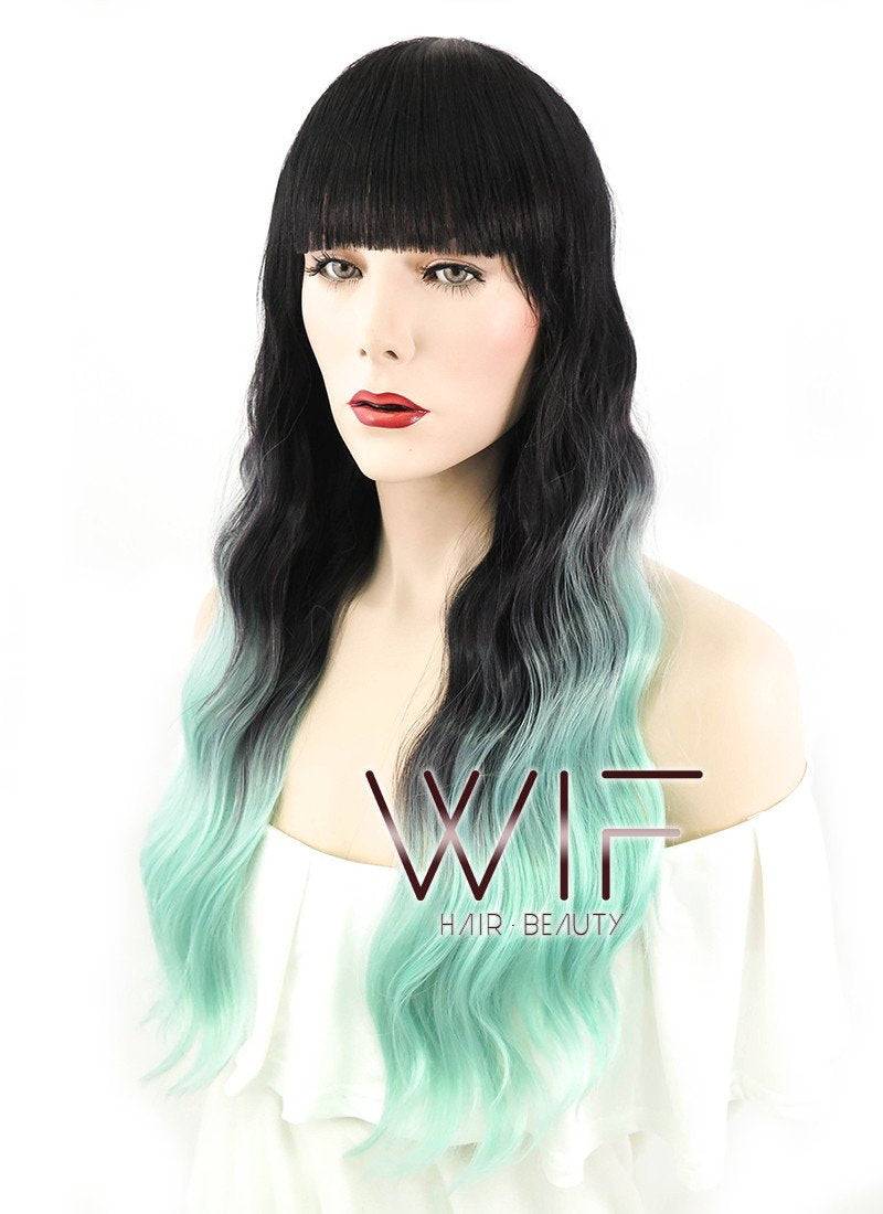 24" Long Curly Black Mixed Light Green Ombre Fashion Synthetic Hair Wig WIG190