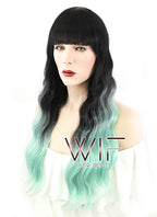 24" Long Curly Black Mixed Light Green Ombre Fashion Synthetic Hair Wig WIG190