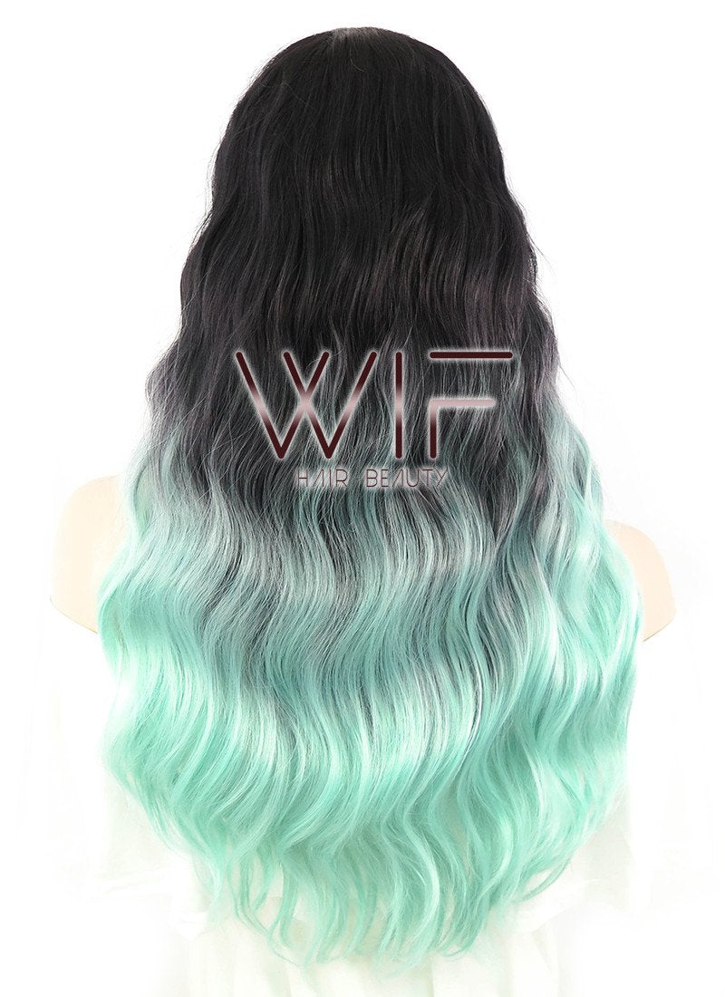 24" Long Curly Black Mixed Light Green Ombre Fashion Synthetic Hair Wig WIG190
