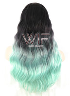 24" Long Curly Black Mixed Light Green Ombre Fashion Synthetic Hair Wig WIG190