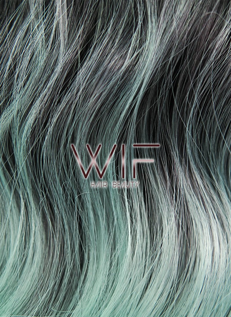 24" Long Curly Black Mixed Light Green Ombre Fashion Synthetic Hair Wig WIG190
