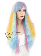 28" Wavy Blue Pink Yellow Blonde Mixed Synthetic Wig WIG347