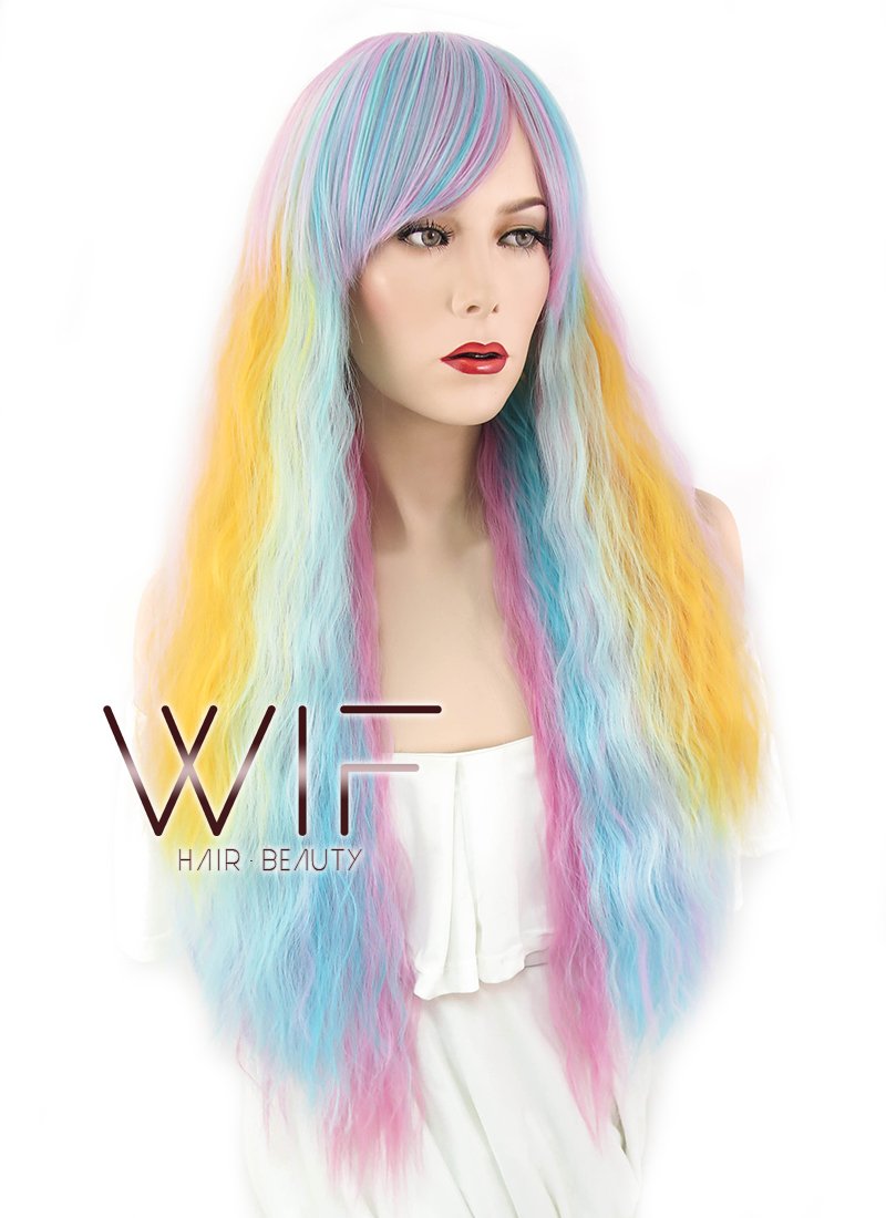 28" Wavy Blue Pink Yellow Blonde Mixed Synthetic Wig WIG347