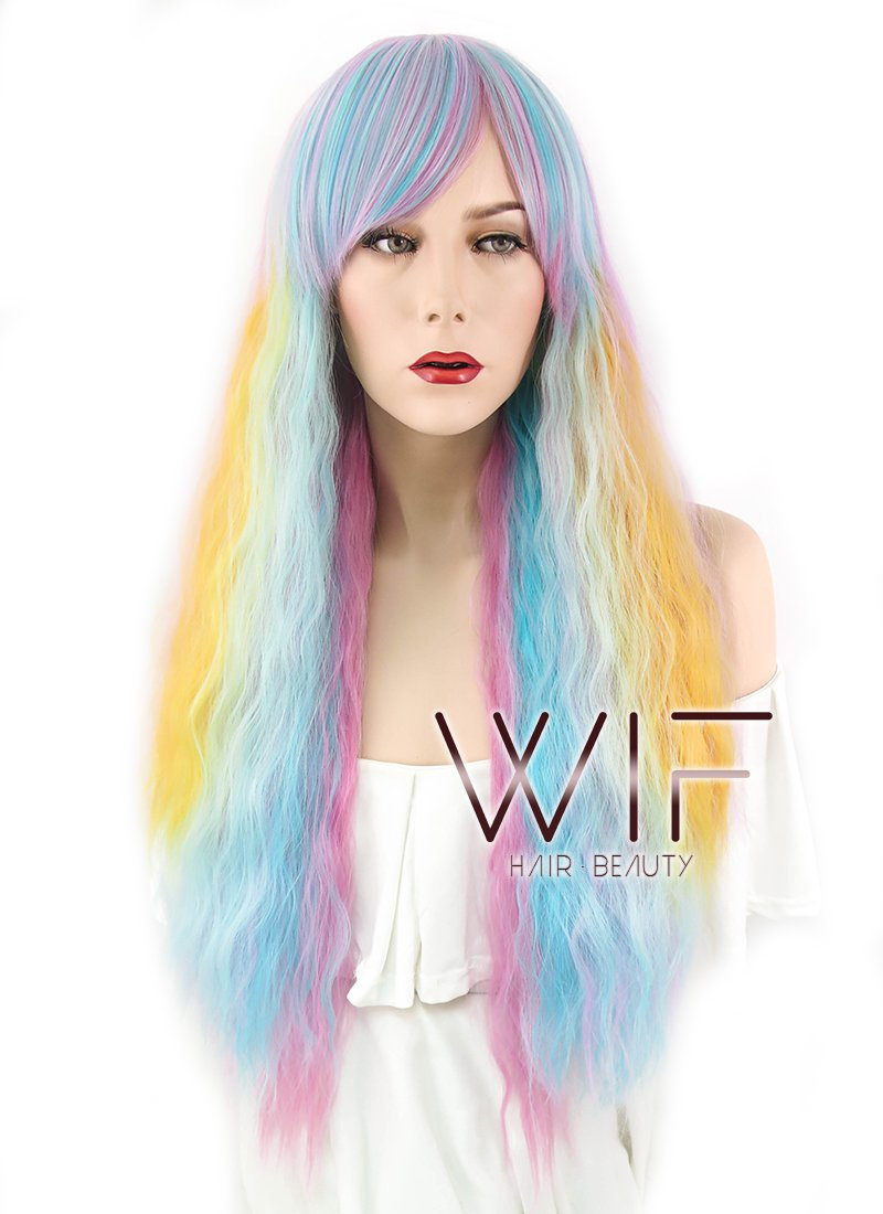 28" Wavy Blue Pink Yellow Blonde Mixed Synthetic Wig WIG347