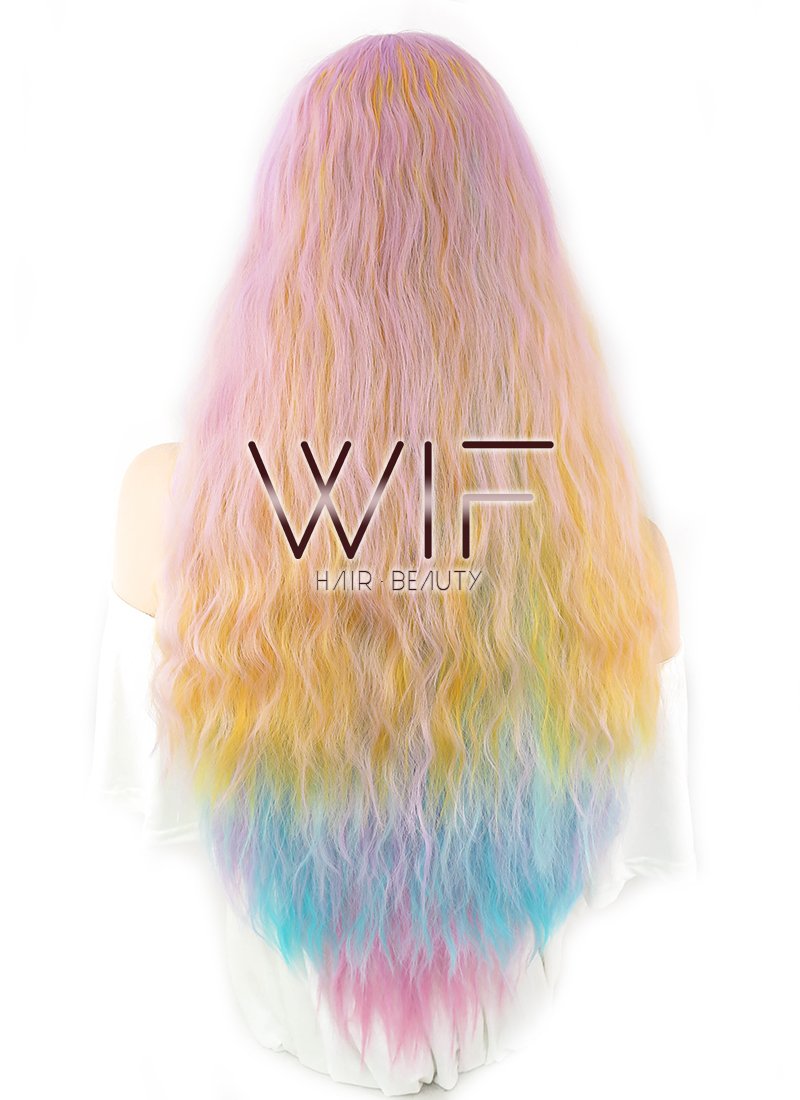 28" Wavy Blue Pink Yellow Blonde Mixed Synthetic Wig WIG347