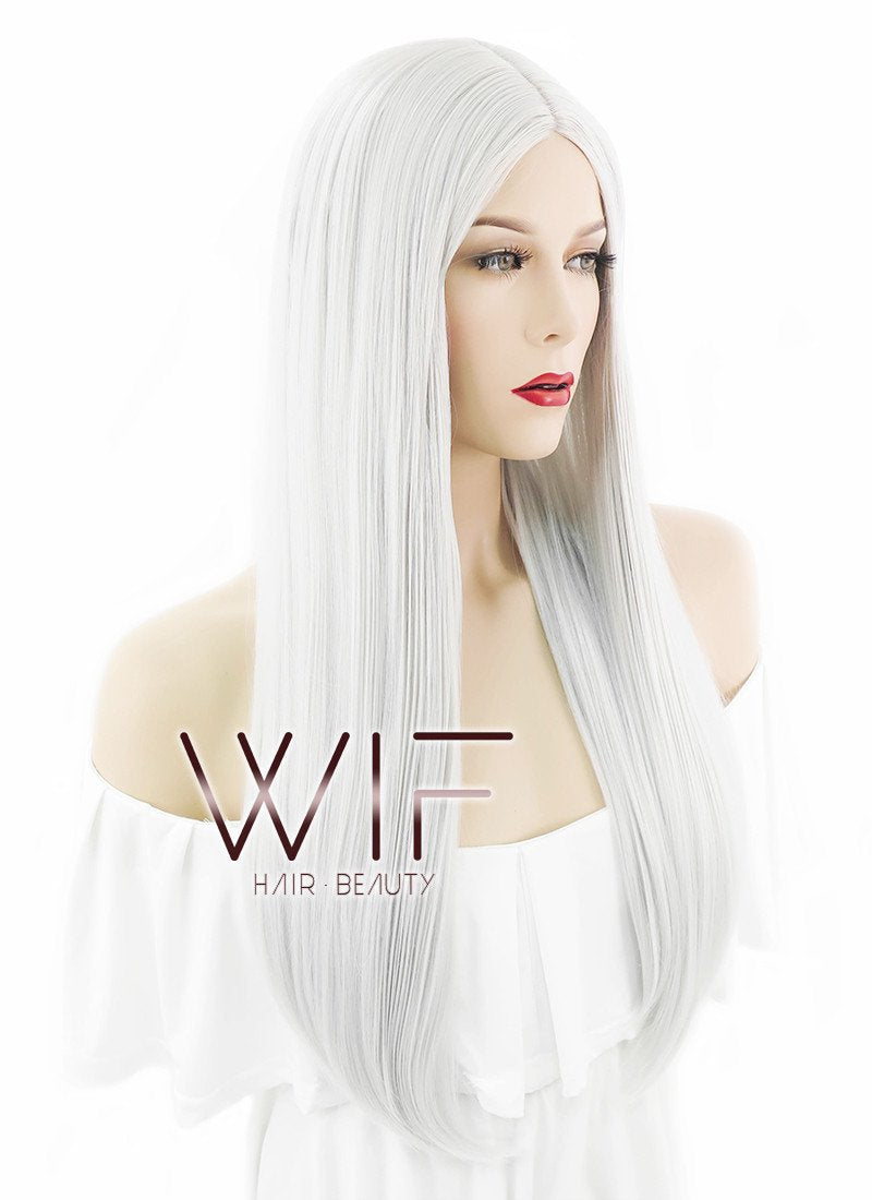 24" Straight Silver Grey Synthetic Wig WIG097