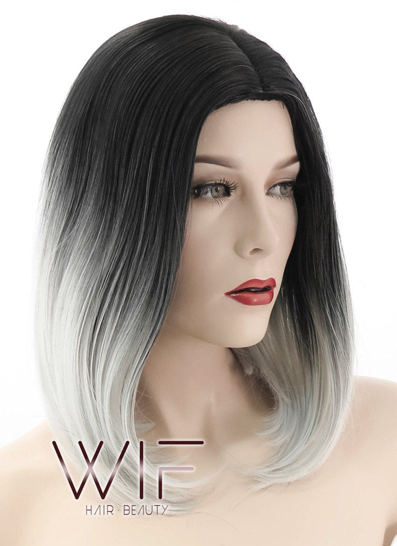 14" Straight Black Grey Ombre Synthetic Wig WIG101