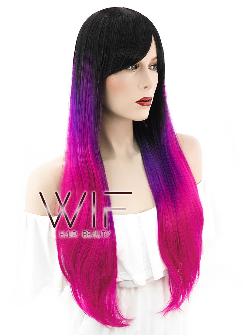 28" Straight Purple Pink Ombre With Dark Roots Synthetic Wig WIG102