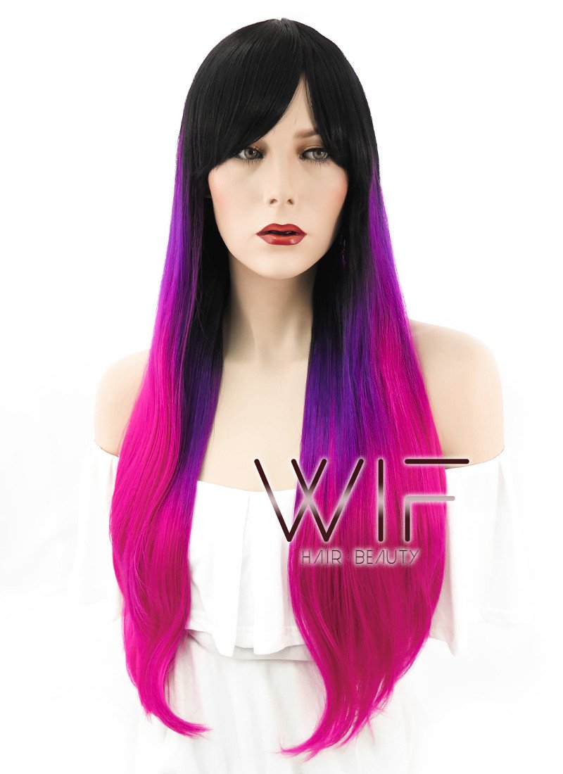 28" Straight Purple Pink Ombre With Dark Roots Synthetic Wig WIG102