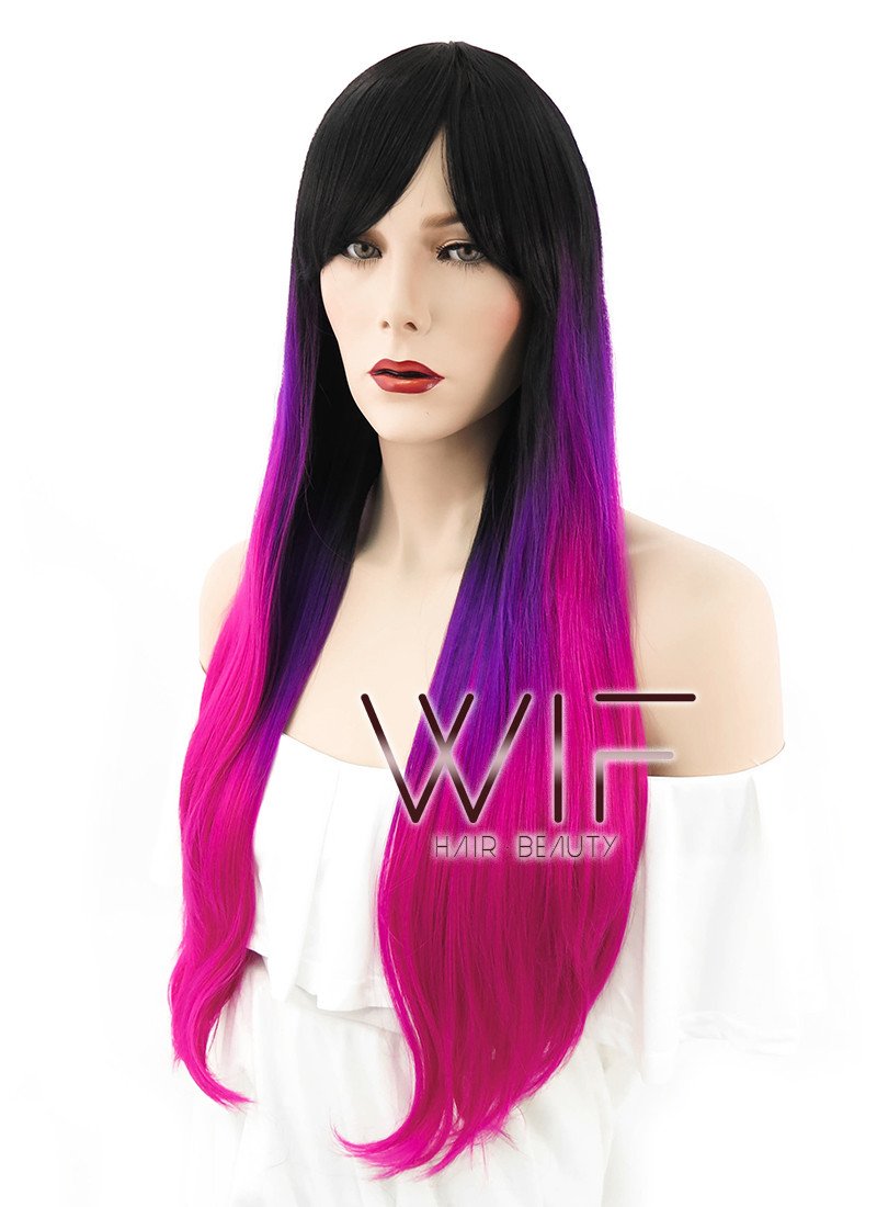 28" Straight Purple Pink Ombre With Dark Roots Synthetic Wig WIG102