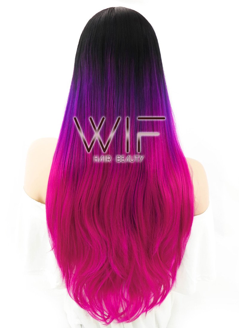 28" Straight Purple Pink Ombre With Dark Roots Synthetic Wig WIG102